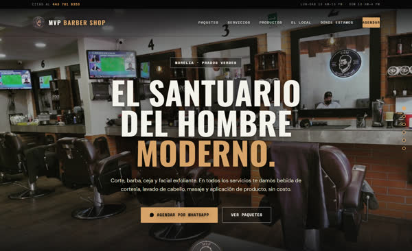 Web de MVP Barber Shop con portada a pantalla completa, hecha por CORST Agency