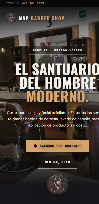 Web de MVP Barber Shop vista en celular, hecha por CORST Agency
